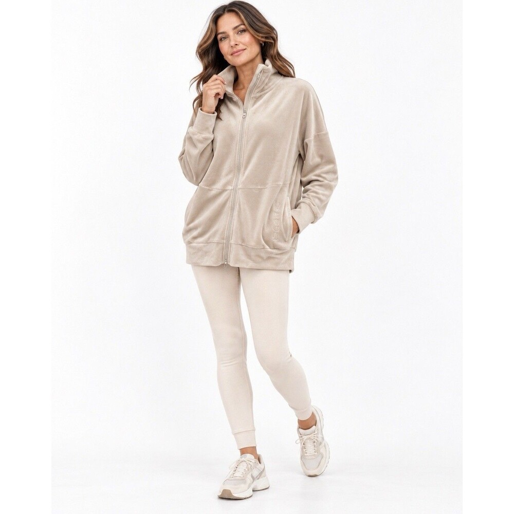 Spyder Beige Velour Full Zip Jacket Funnel Neck Soft Stretch Athleisure Size L